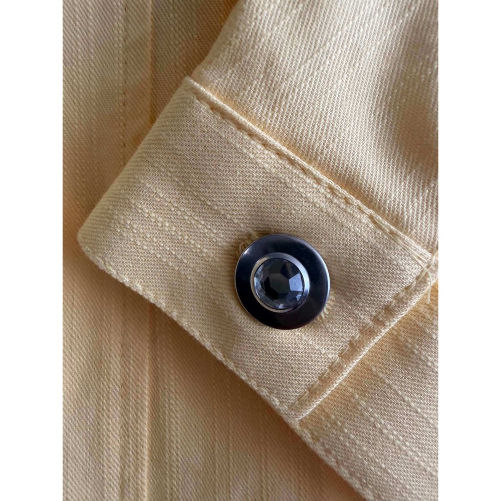 New Quacker Factory Size 3X Yellow Denim Jacket Rhinestone Ruffle Button Plus - Picture 6 of 11